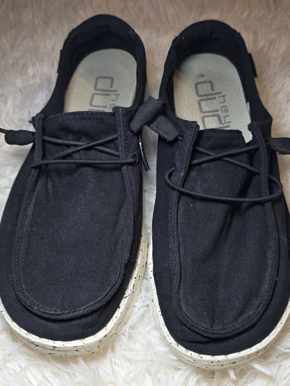 Hey Dude Women's Wendy Black Canvas Slip-On Loafers with Elastic Laces Worn Once